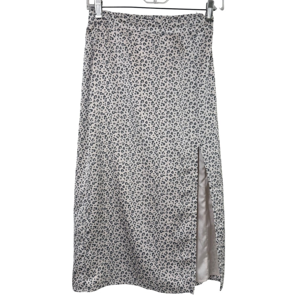 Abercrombie & Fitch Leopard Print Satin Midi Skirt Side Slit XS Grey‎ Clean Girl